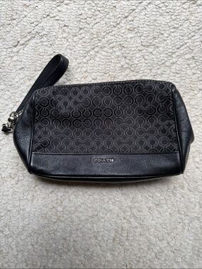 Coach Black Signature Wristlet Pouch with Leather Trim